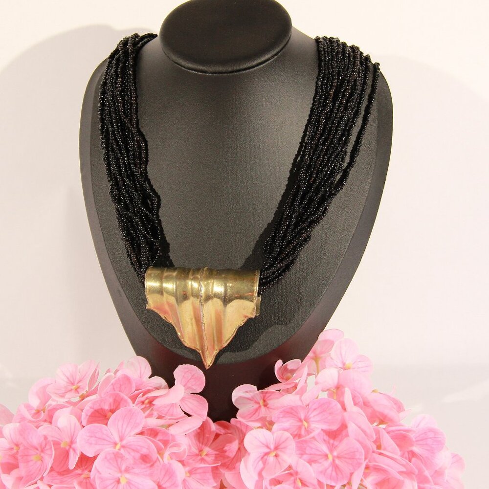 Vintage Black Multi-Strand Beaded Necklace Gold Tone Pendant Artisan BoHo